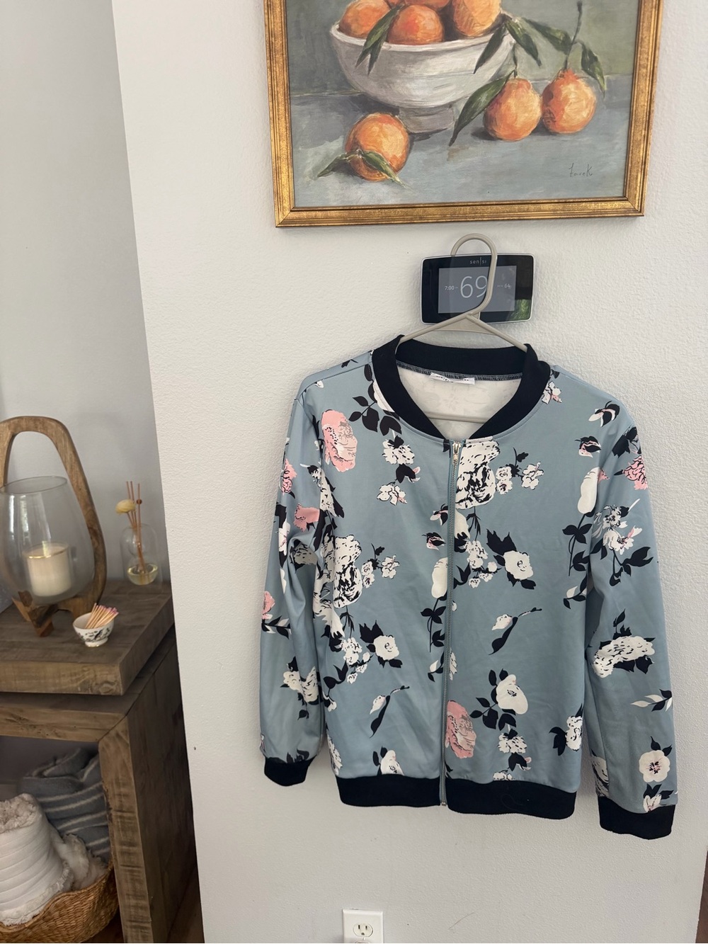 Wish Floral Bomber Jacket - Light Blue with Pink & White Accents